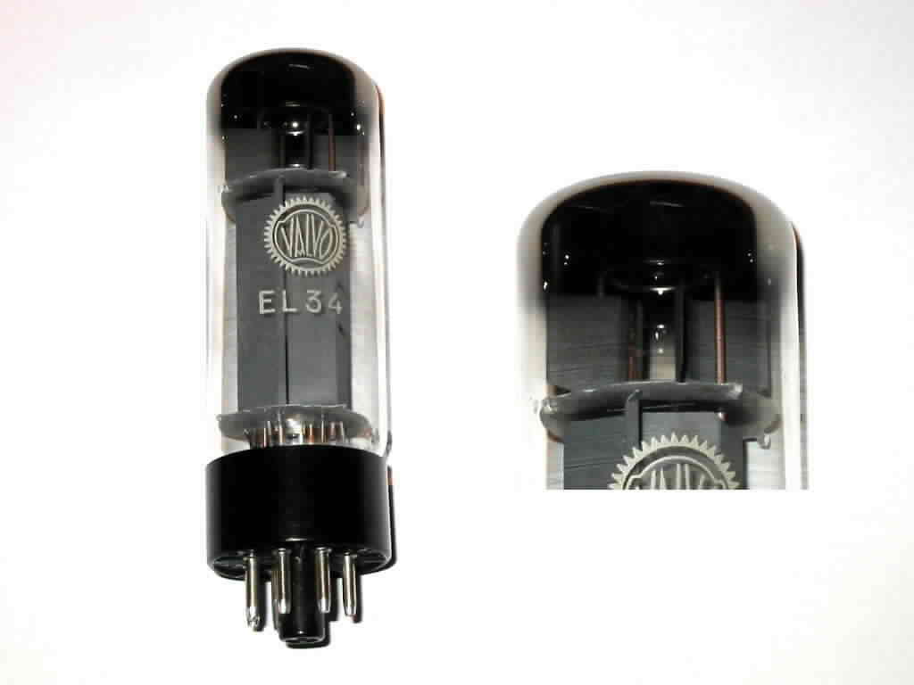 Mullard Philips EL34 6CA7 with black base Blackburn xf4 code ring getter 4 dents on top spacer folded plates